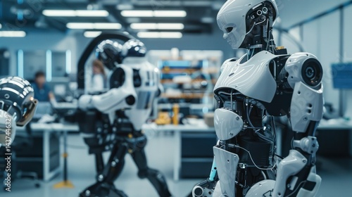 Engineers collaborating in a high-tech lab to develop and troubleshoot cutting-edge robotic technology. Innovative Robot Development
