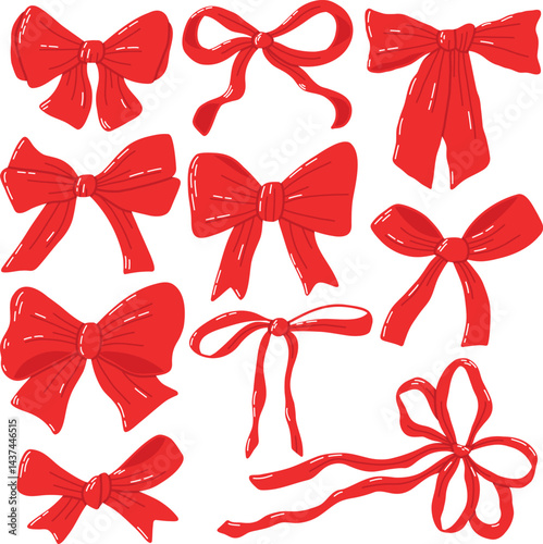 Collection of Decorative Red Ribbon Bows in Various Styles and Designs. Illustration featuring a set of vibrant red decorative ribbon bows, showcasing diverse styles suitable for holiday decorations