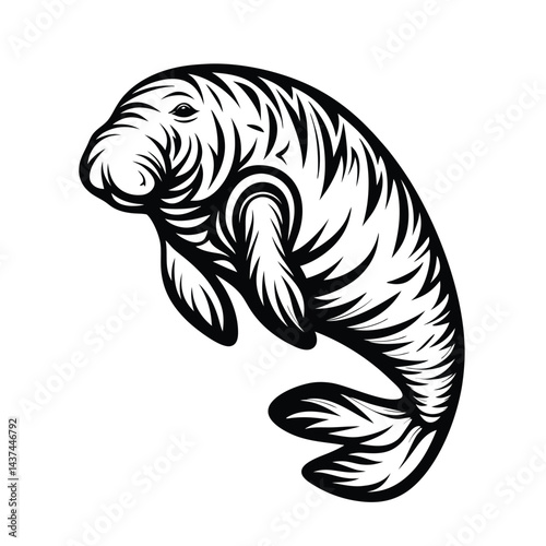 Manatee Swimming Silhouette Sea Cow, Marine Mammal, Aquatic Animal
