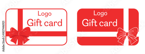 Red Gift Cards with Ribbons and Text Design Elements. Illustration of two red gift cards featuring ribbon decorations, logo placeholders, and text layouts, perfect for promotions and gifting concepts.