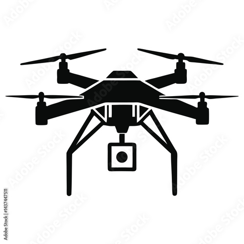 Drone Silhouette, Quadcopter with Camera, Aerial Vehicle, Minimalist Icon, Unmanned Aircraft