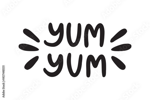 Yum Yum text lettering. Printable graphic. Design doodle for print. Cartoon hand drawn calligraphy style