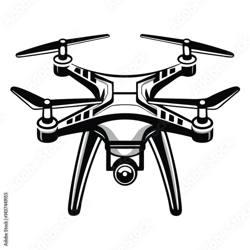 Stylized Black and White Drone Illustration, Quadcopter Design, Modern Technology, Isolated