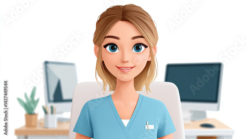 Smiling virtual nurse avatar in blue scrubs sitting in modern office setting