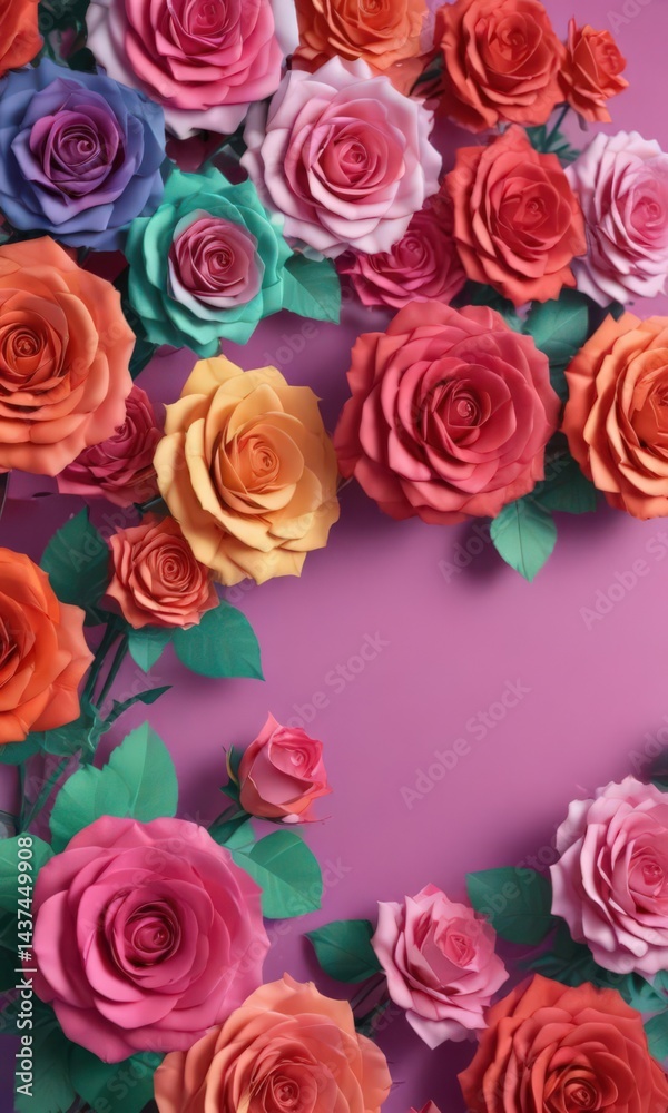Fototapeta premium Multi-sized paper roses, colorful gradient backdrop, blue, wedding, rose