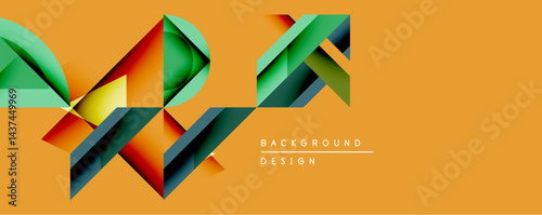 Abstract geometric shapes overlap, creating dynamic composition. Warm orange background complements cool green, red, blue tones. Modern design element for digital projects.