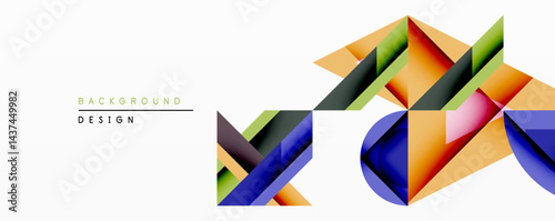 Abstract geometric shapes overlap, creating vibrant colorful design. Modern style utilizes gradients, angles, layering for dynamic visual effect. Clean background enhances composition.