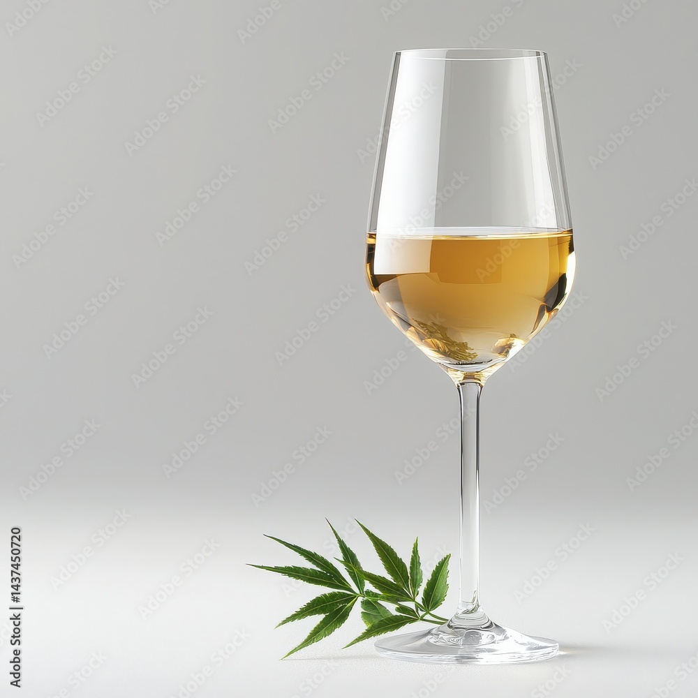Elegant wine glass filled with white wine and a decorative leaf on a minimalist background.