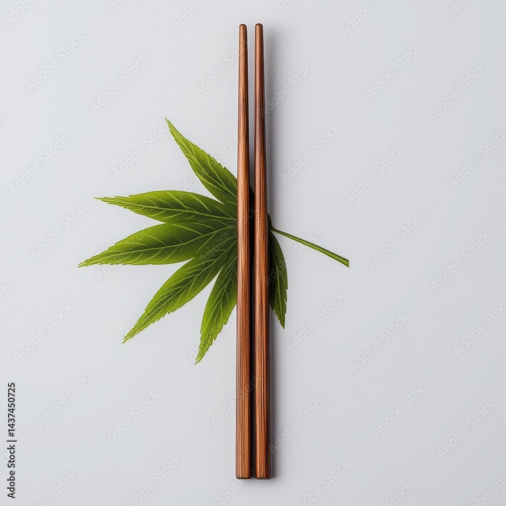 Elegant wooden chopsticks resting on a green leaf, symbolizing Asian cuisine.