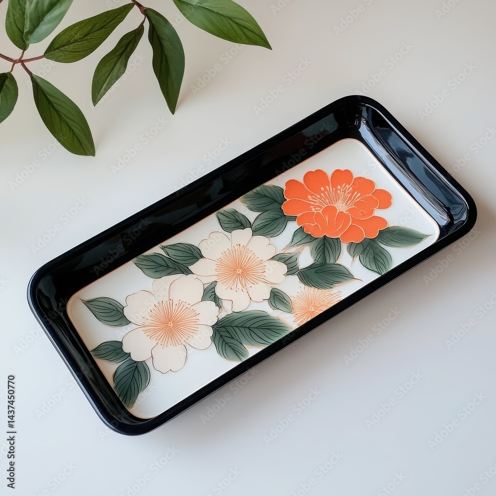 A decorative tray featuring beautiful floral designs and lush green leaves.