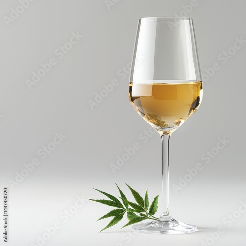 Obraz na płótnie Elegant wine glass filled with white wine and a decorative leaf on a minimalist background. w salonie