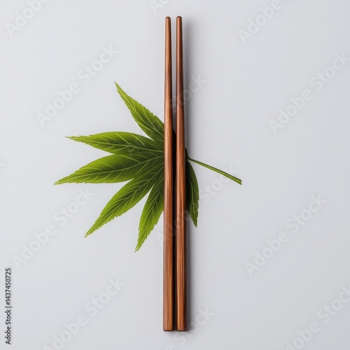 Elegant wooden chopsticks resting on a green leaf, symbolizing Asian cuisine.