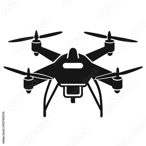 Black Silhouette Drone With Propellers, Modern Aerial Unmanned Vehicle Icon Isolated