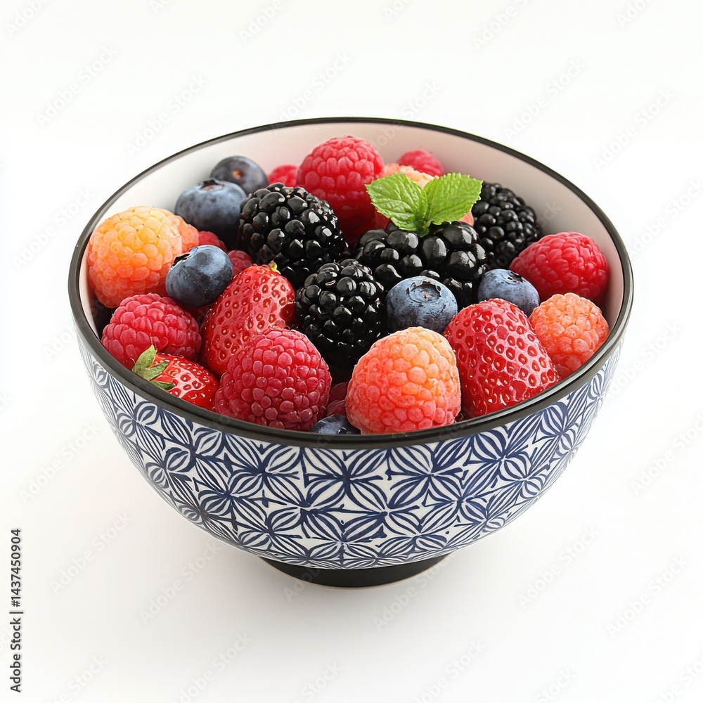 Colorful mixed berries in a decorative bowl, perfect for a healthy snack or dessert.