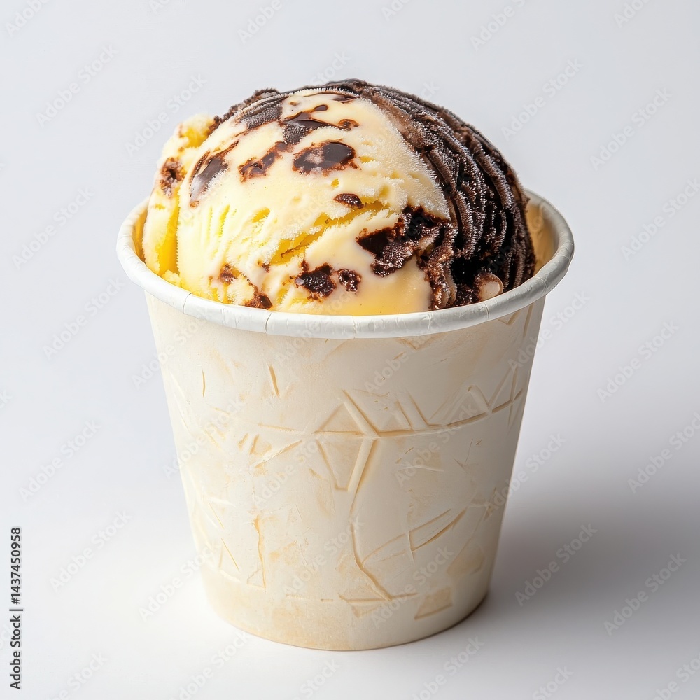Delicious chocolate chip ice cream in a paper cup, perfect for warm days.