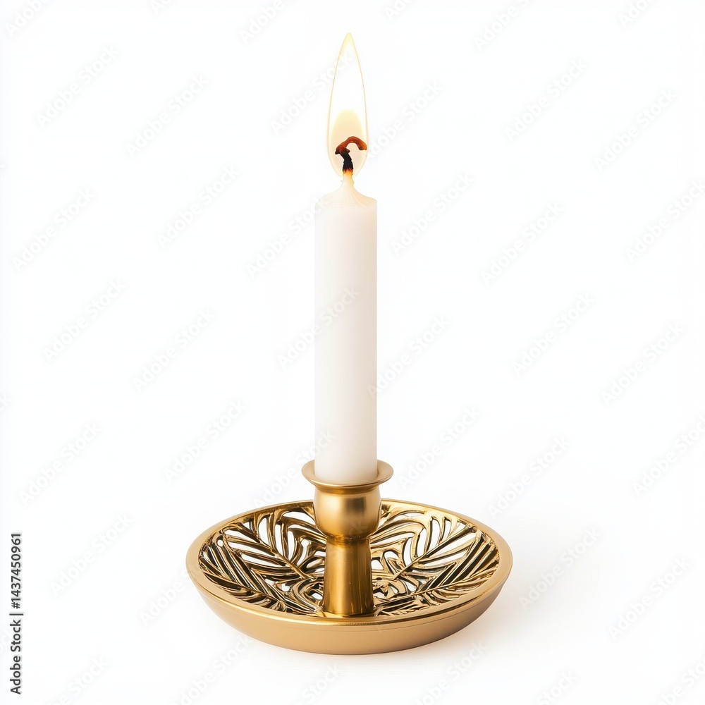 Elegant candle holder with a white candle glowing warmly in a decorative plate.