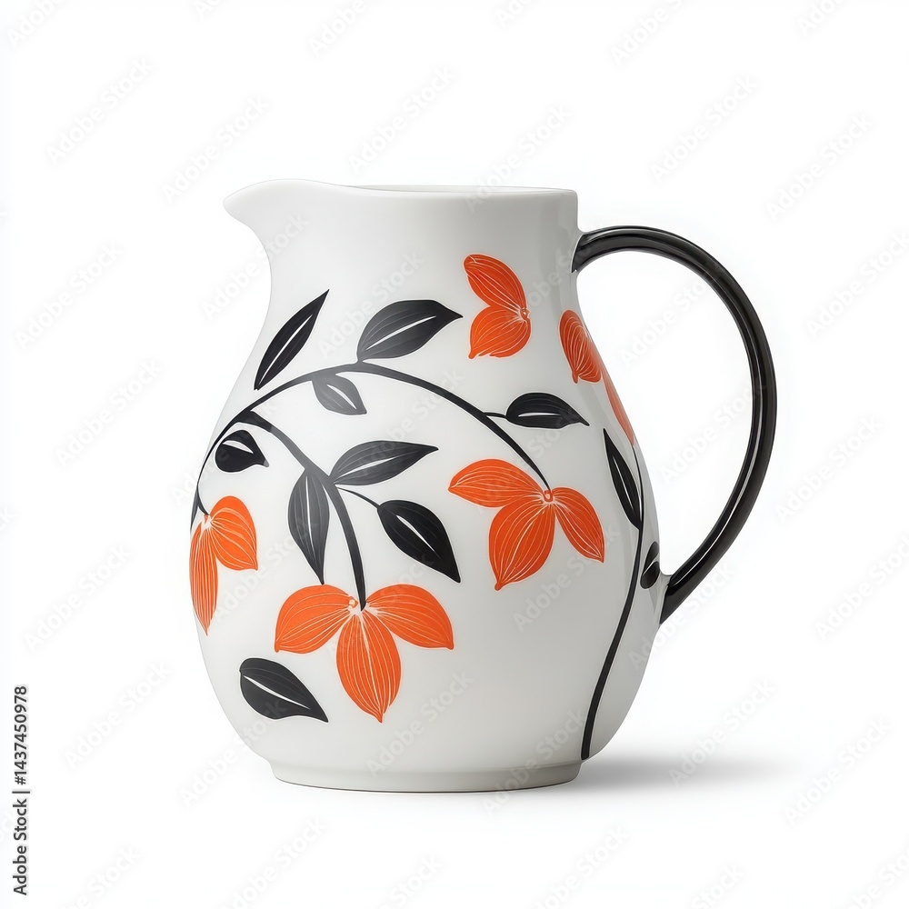 Elegant ceramic pitcher with floral design in vibrant orange and black.