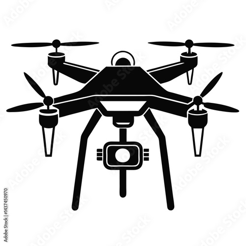 Black Silhouette of Drone with Camera, Quadcopter, Modern Technology, Aviation, Isolated