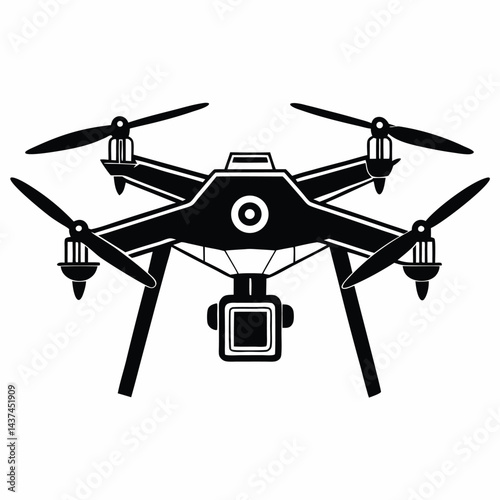 Black and White Drone Silhouette with Camera, Quadcopter Outline, Unmanned Vehicle