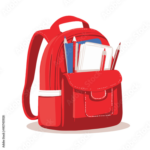 A cartoon school bag icon in red colour