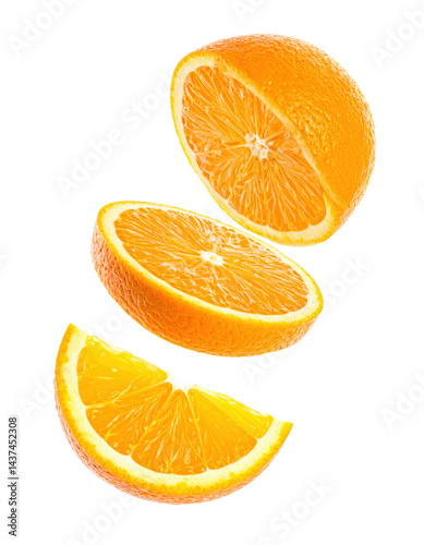 falling sliced of orange isolated on white background 