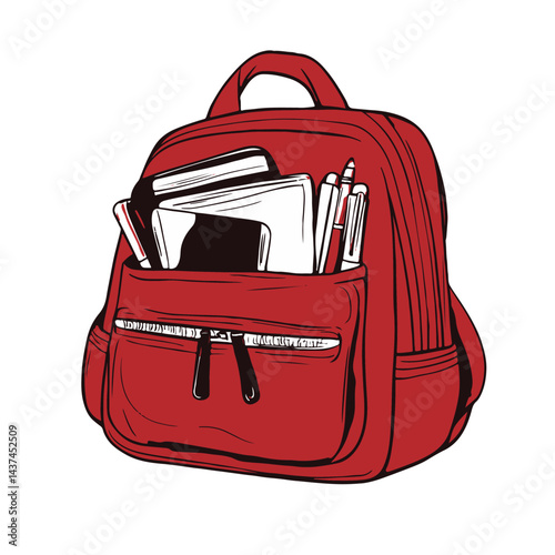 A cartoon school bag icon in red colour