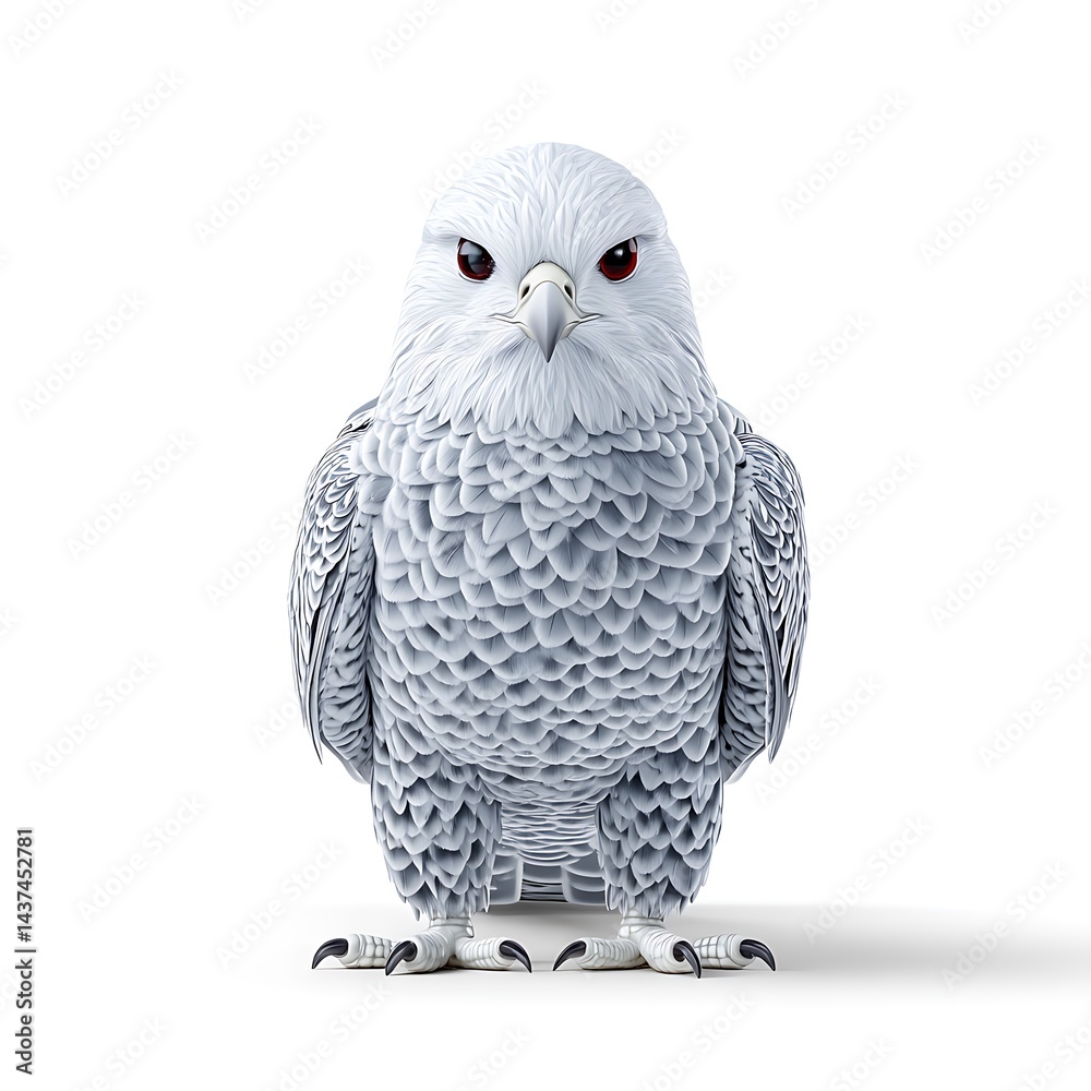 Fototapeta premium A majestic white falcon with piercing red eyes stares directly at the viewer