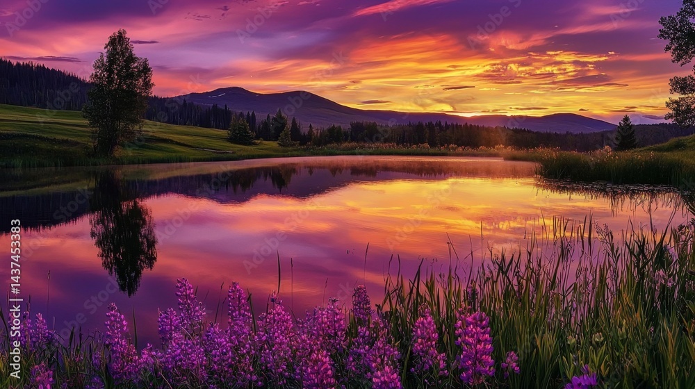 Fototapeta premium Breathtaking sunset over a serene mountain lake.