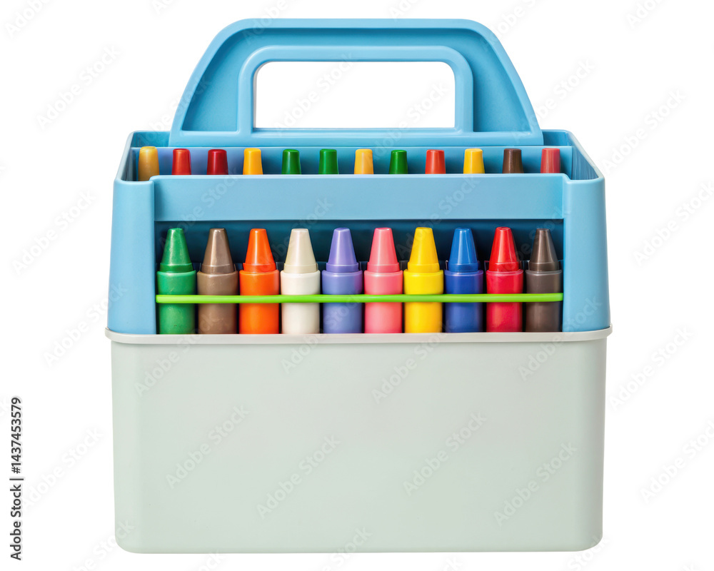 Fototapeta premium Colorful crayons neatly arranged in a portable box on a transparent background