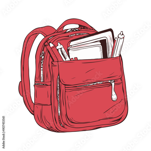 A cartoon school bag icon in red colour