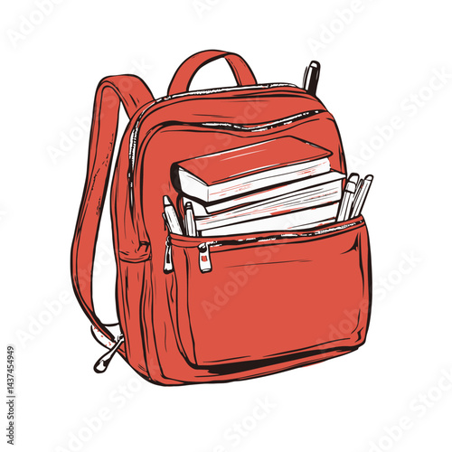 A cartoon school bag icon in red colour