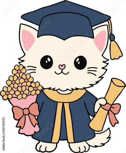 Cute graduation cat celebrates achievement with flowers and diploma fun animation joyful environment whimsical concept
