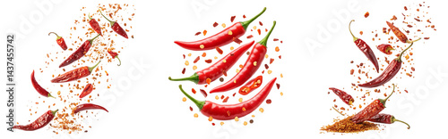 Floating Composition Set of Red Chili Peppers and Pepper Flakes Isolated