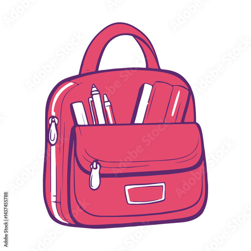 A cartoon school bag icon in red colour