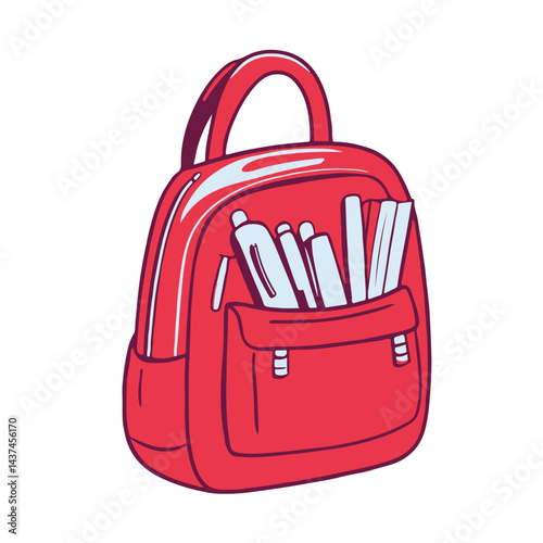 A cartoon school bag icon in red colour