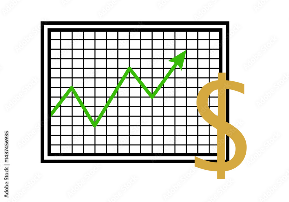 Gráfico de crecimiento en cuadrícula con flecha verde de mejora económica en dólares 
