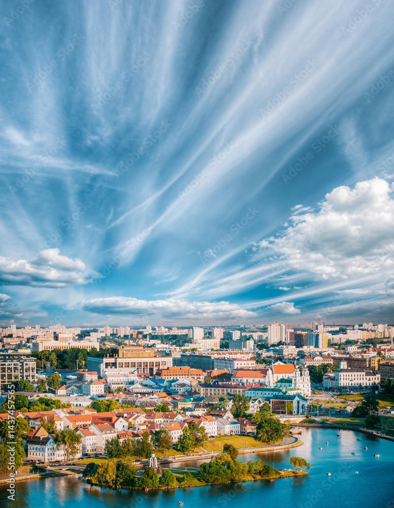 Aerial View, Cityscape Of Minsk, Belarus. Summer Season, Sunset. Panorama Of Nemiga District
