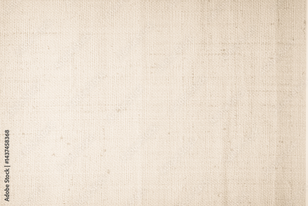 Fototapeta premium Brown sackcloth woven texture background in natural pattern. Jute hessian burlap, linen background in light beige cream color blank. Weaving canvas fiber line cotton cloth textured as organic.