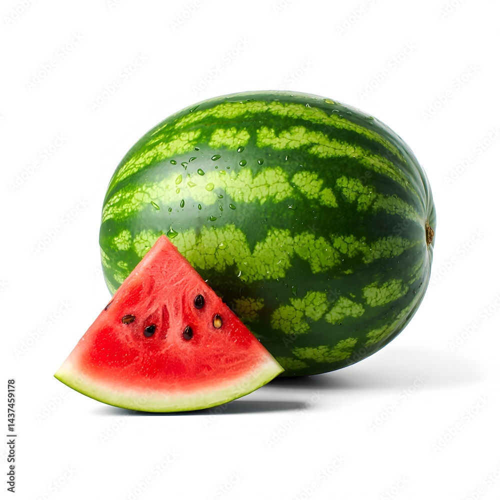 Whole Watermelon and Slice on White Background Whole Watermelon and Slice on White Background