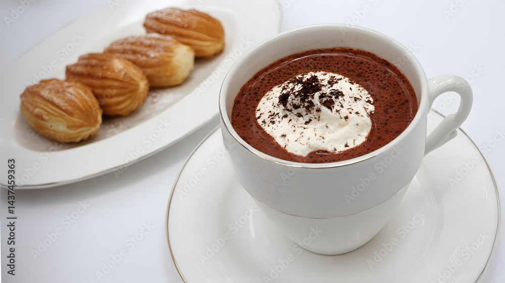 Luxurious French Hot Chocolate with Cream and Pastries on Elegant Plate for Gourmet Dessert Experience Luxurious French Hot Chocolate with Cream and Pastries on Elegant Plate for Gourmet Dessert Experience