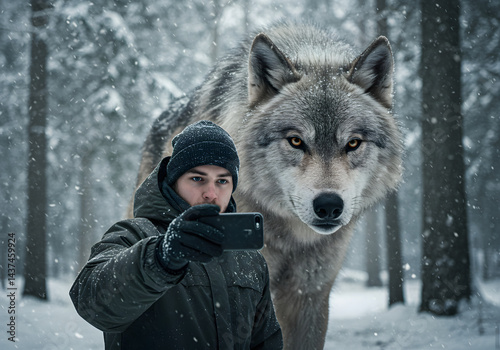 An Influencer taking a Selfie with a Majestic Dire Wolf in a Snowy Forest