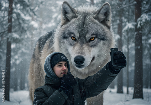 An Influencer taking a Selfie with a Majestic Dire Wolf in a Snowy Forest