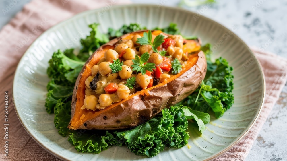 Stuffed sweet potato with chickpeas and herbs on pale green ceramic plate Stuffed sweet potato with chickpeas and herbs on pale green ceramic plate