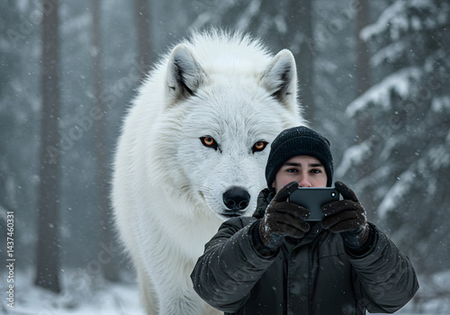 Influencer Taking Selfie with Majestic Dire Wolf in Snowy Forest
