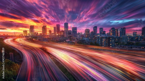 Nighttime city roads bathed in light.