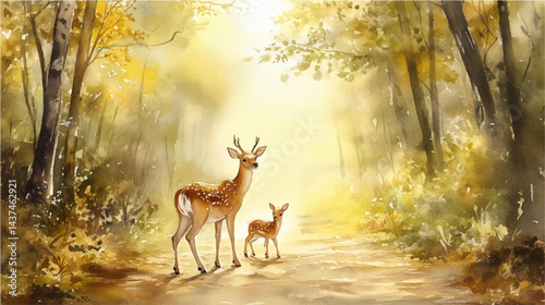 Vector illustration, watercolor painting of mother deer and her baby in the wild