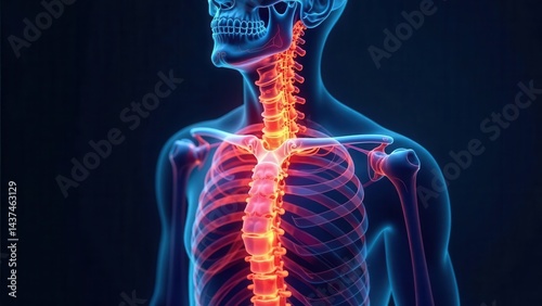 Anatomical Illustration of Upper Thoracic Spine and Rib Cage Showing Vertebral Column and Shoulder Joints