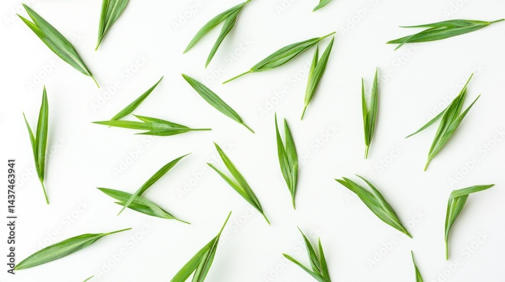 Fototapeta premium Fresh green leaves scattered on white background