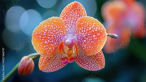 Close-up of a vibrant orange speckled orchid with water droplets, blurred background.