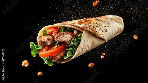 Deconstructed shawarma sandwich hovering, juicy meat on black background